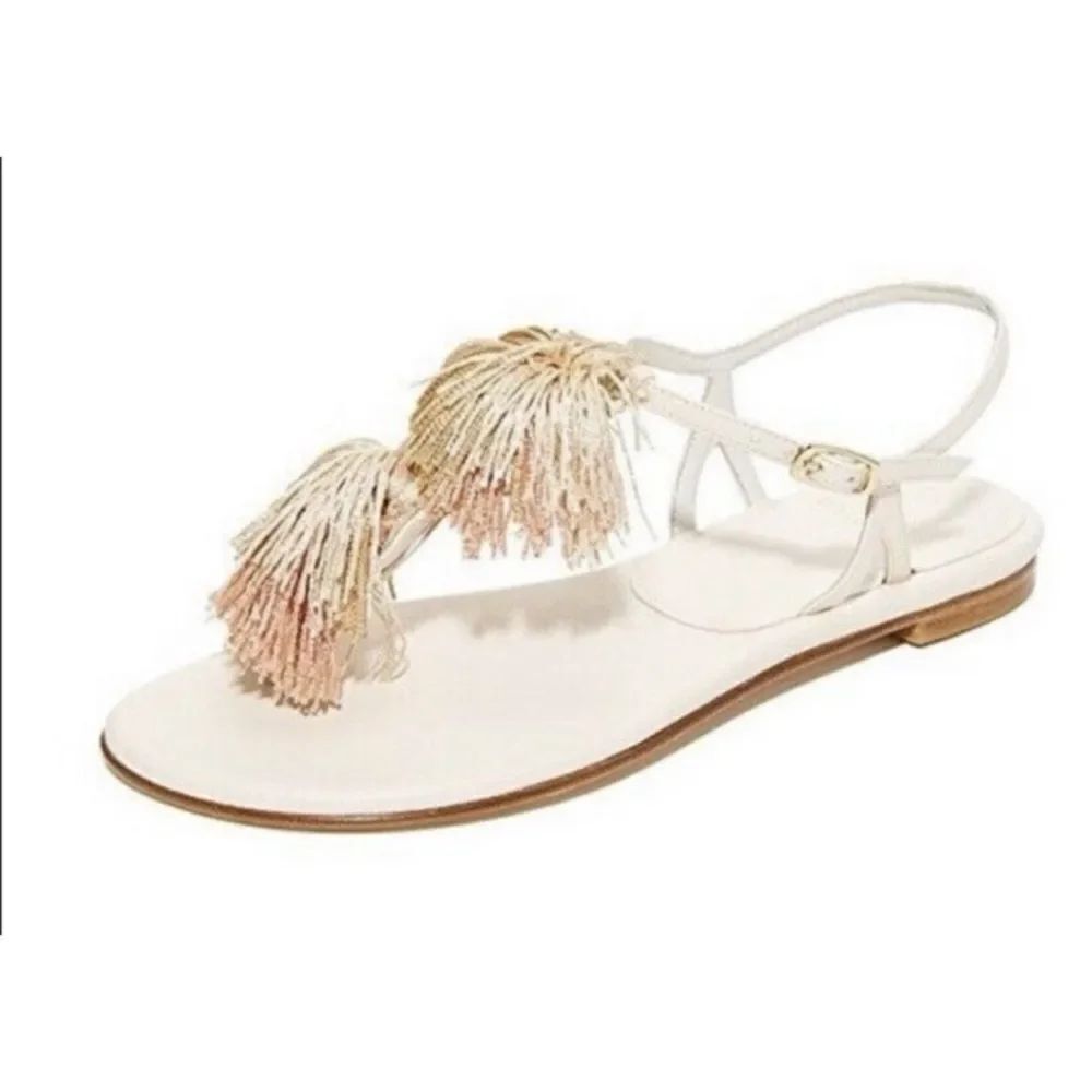 Stuart Weitzman Jabow Flat Tassel Pom Pom Sandals Nude Leather Womens Size 10 M